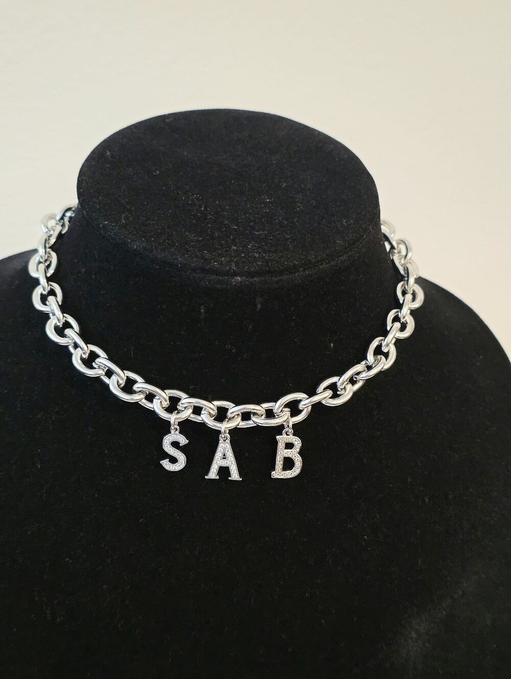 CUSTOM NAME CHAIN NECKLACE,  Cz Diamond Name "SAB" 14"+2"  New